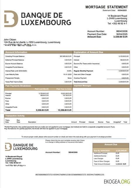 Luxembourg Relevé hypothécaire de la Banque de Luxembourg Modèle Word et PDF